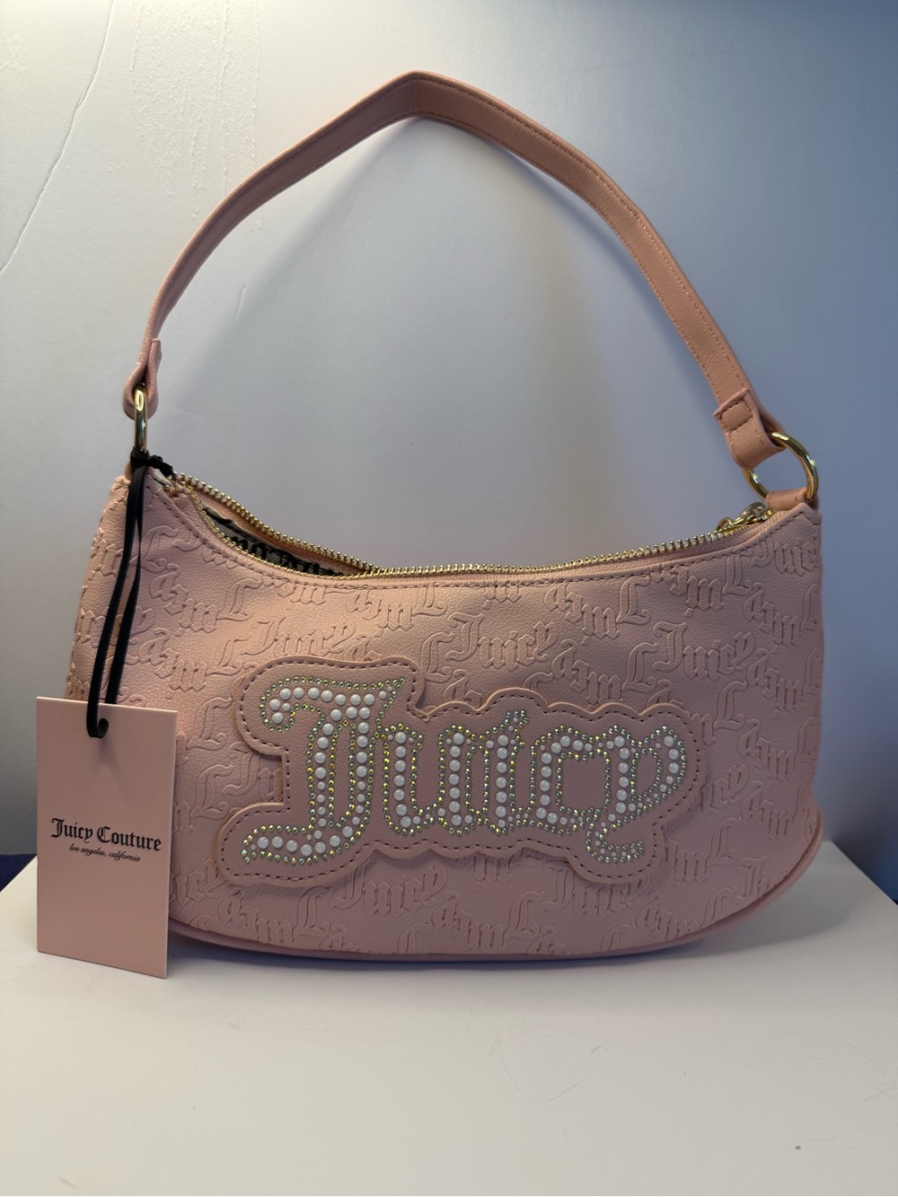 Juicy Couture Pink Shoulder Bag Rhinestone Pearl Logo Hobo Purse NWT Gold